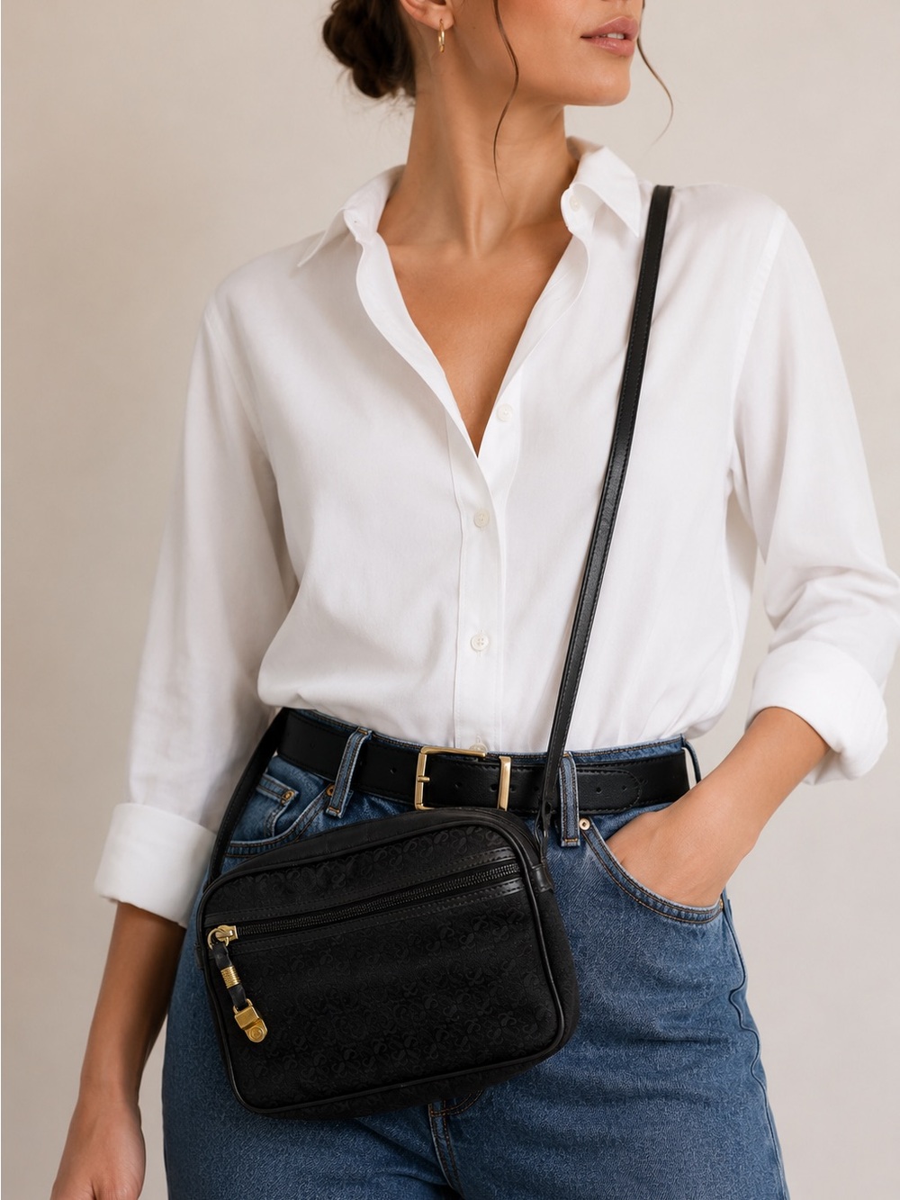 Vintage Loewe Handbag Canvas Leather Anagram Camera Bag Crossbody Black